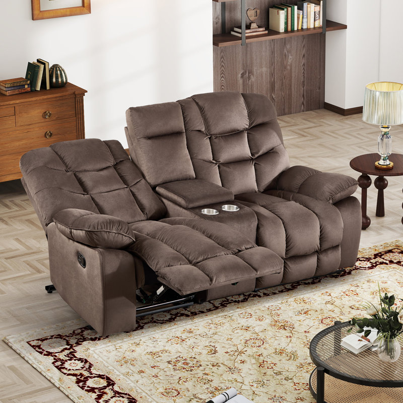 78.35'' Wide Modern Microfiber Manual Reclining Loveseat With Storage Console & Cup Holders, Brown