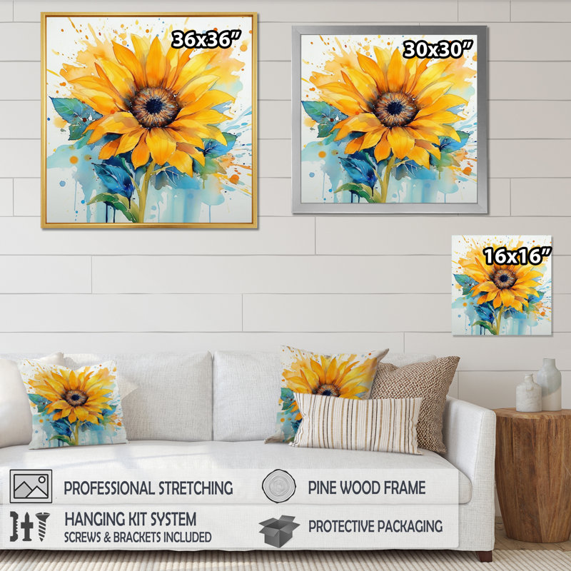 Jaune, bleu, doré, tournesols III, H 16 po x l 16 po x P 1 po, Cadre flottant blanc