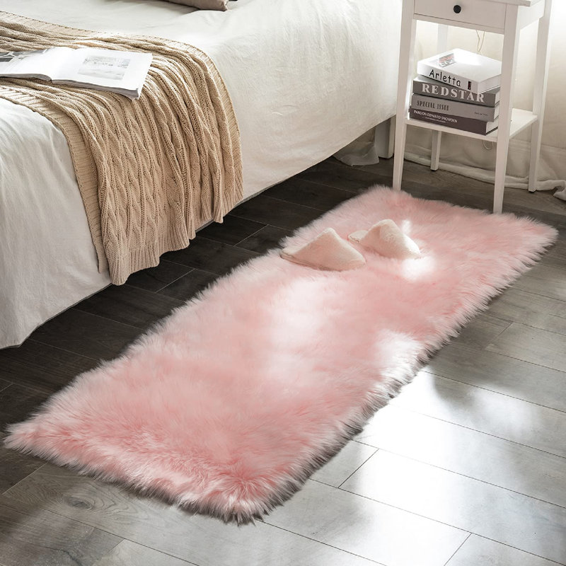 Daruis Faux Sheepskin Fur Shag Washable Rug in Soft Pink, Runner 2' x 5'