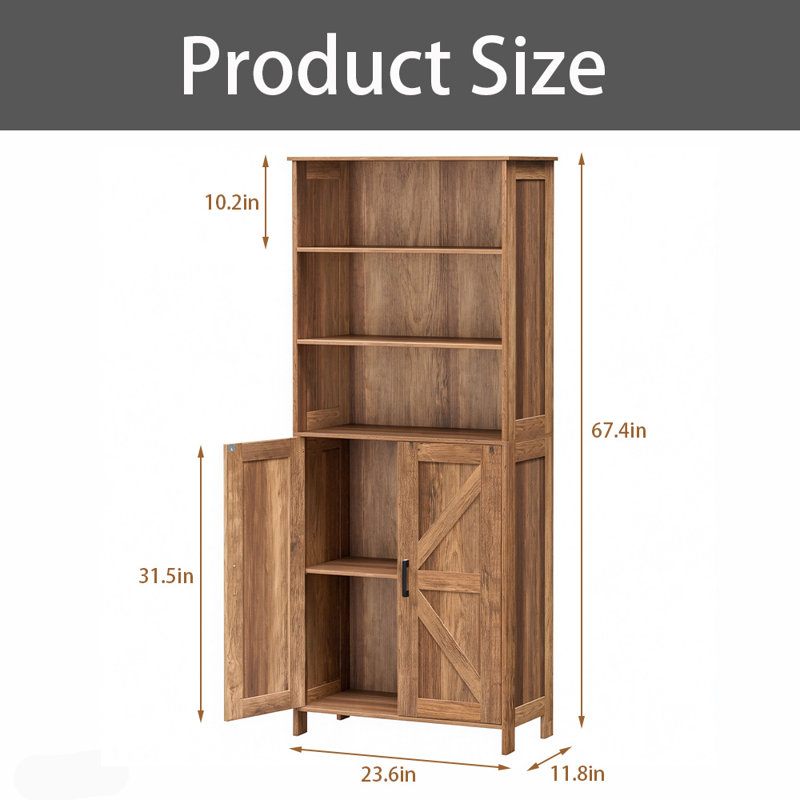 Freestanding Farmhouse Bookshelf with Doors & Adjustable Shelves for Living Room, Study, Bedroom and Bathroom, rustic walnut