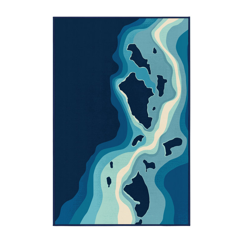 Machine Washable Paret Whitsunday Islands Coastal Ombre Rug in Blue – Navy Binding, 7x10
