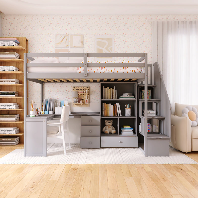 Lit mezzanine avec bureau en L et tiroirs, armoire et escalier de rangement, Gris