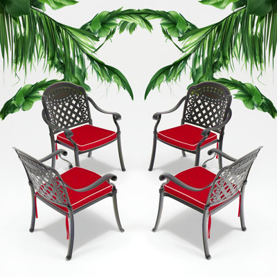 Outdoor Garden Dining Set Armchairs- Aluminum Frame, Stackable, Red Water-resistant Cushions