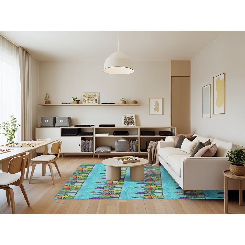 Tapis bleu/vert à motifs, Rectangle 7 pi x 9 pi