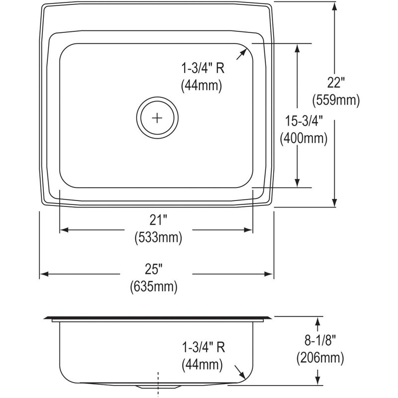 Évier de cuisine à montage sur plan L 25 po x l 22 po Lustertone, 0 trou