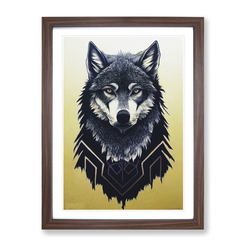 Unique Wolf Art No.4 - Wall Art, 36cm H x 27cm W, Walnut Framed, White