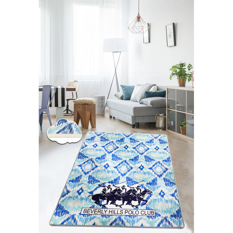 Tapis bleu / bleu sarcelle tissé à la machine à motif géométrique Garza, Rectangle 4 pi 7 po x 6 pi 3 po