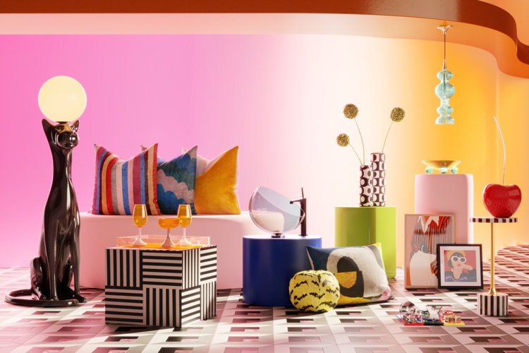 A display of throw pillows, statement floor lamps, side tables, and decor against a purple and orange background.