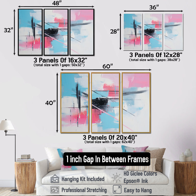 Subtil pastel rose Strokes - ensemble d'art abstrait mural, Cadre flottant doré, H 32 po x l 48 po x P 1 po