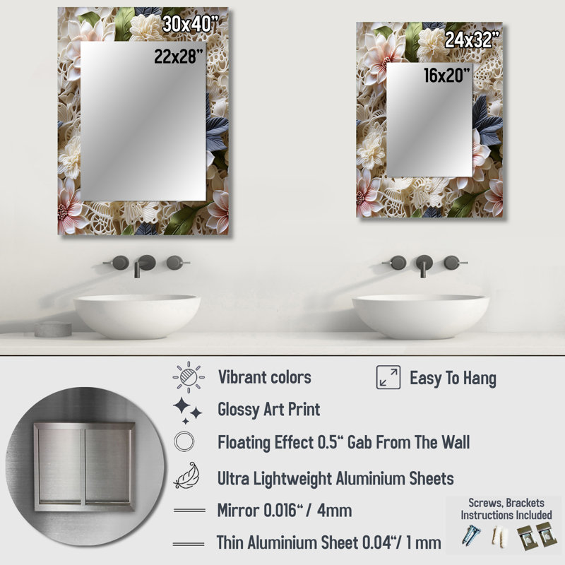 Voile de dentelle Tadisa blanc rétro floral - miroir mural floral, 40 po x 30 po