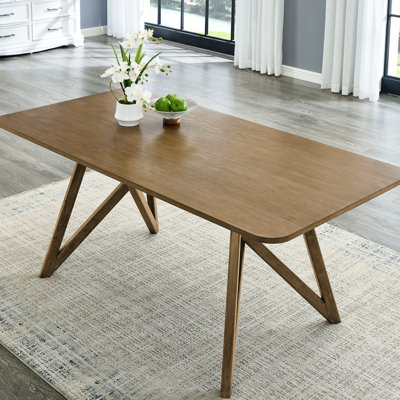Table de salle à manger rectangulaire de 70 pouces de largeur, base géométrique en croix, coins arrondis, finition en placage, assise 6, bois d'hévéa et base, poids 95