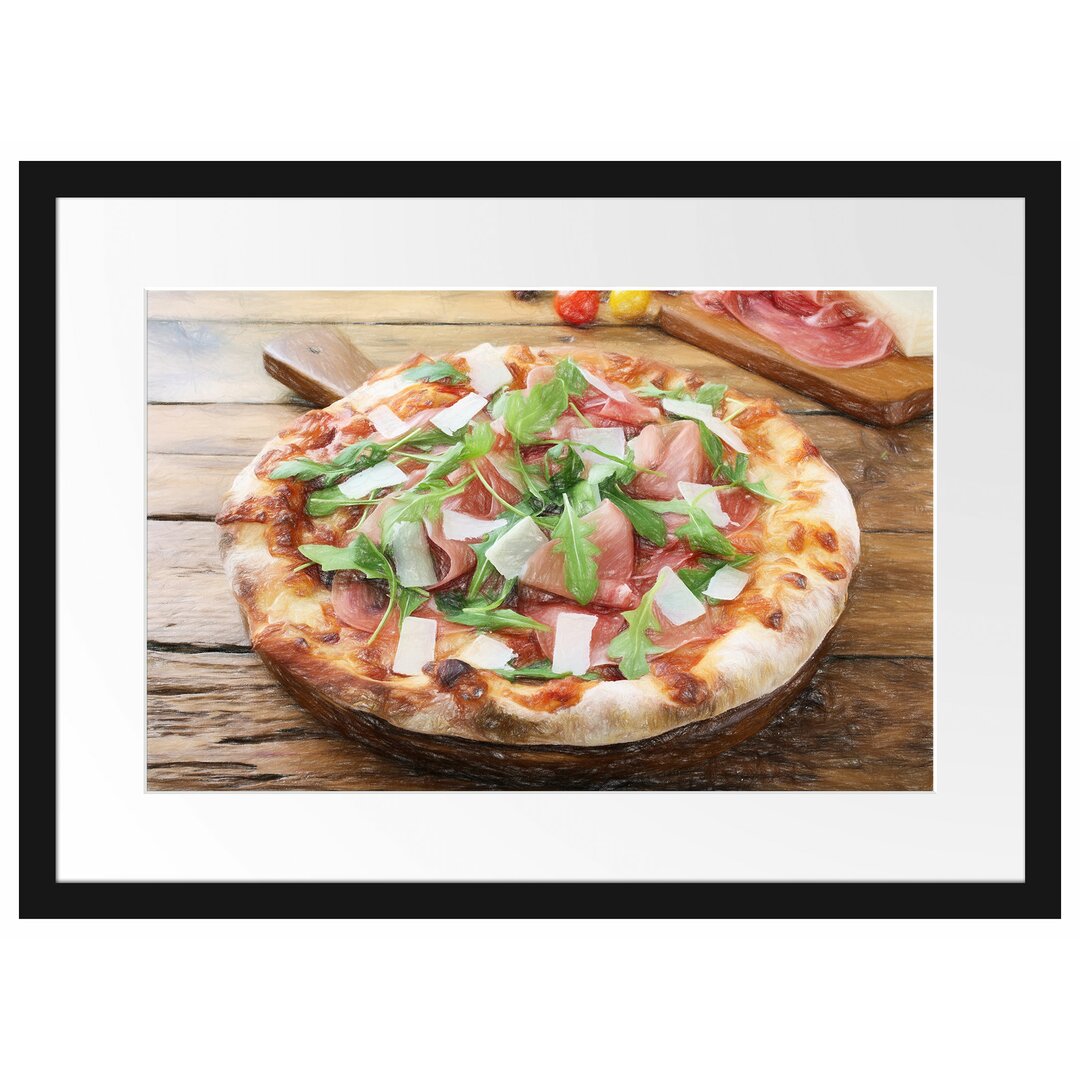 Gerahmtes Poster Prosciutto Pizza auf Holztisch