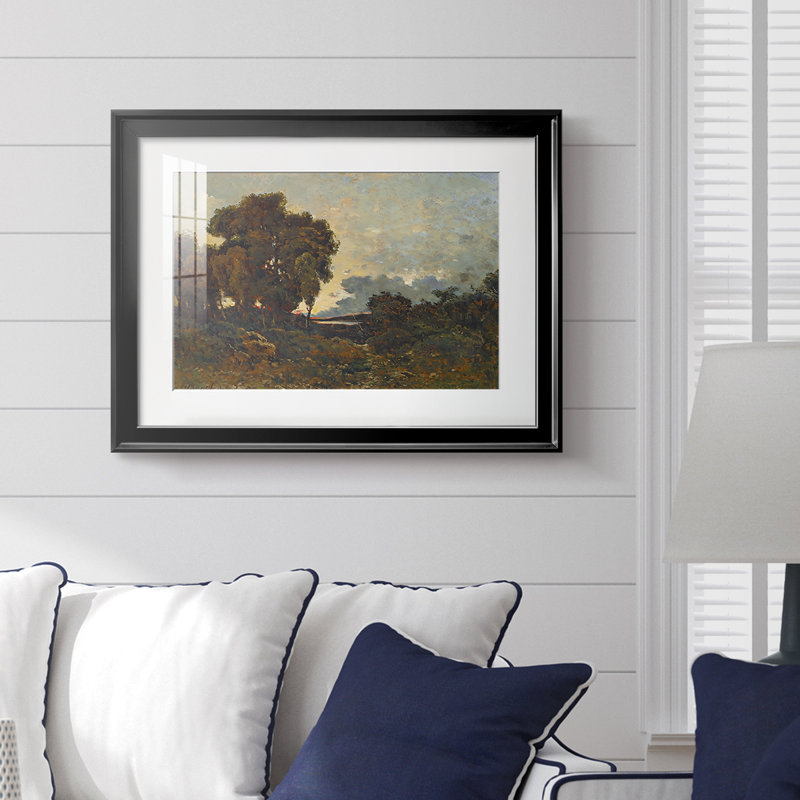Paysage boisé sous un ciel nuageux - Henri Harpignies - Reproduction encadrée avec passe-partout et verre - 1900, 18,5 x 24,5