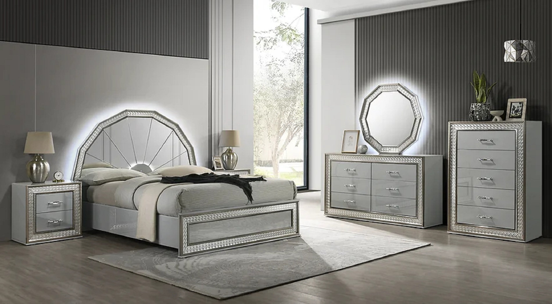 Everly Quinn Dawlish 4-Piece Glam Bedroom Set In Silver Gray With Led ...