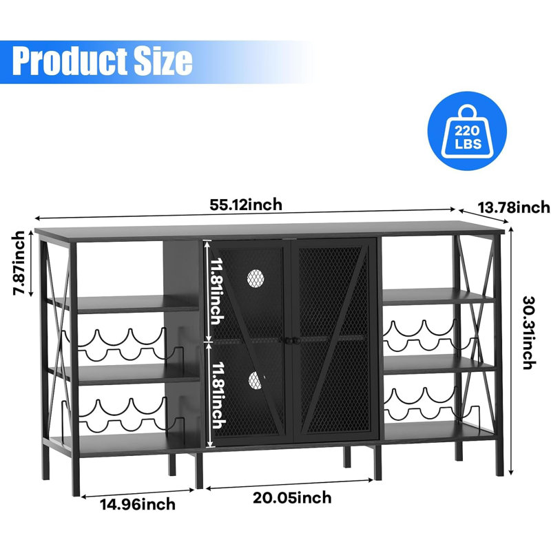 55 Inch Farmhouse Wine Bar Cabinet with LED Lights, Rustic Liquor Cabinet with Wine Rack & Glass Holder, Industrial Coffee Bar with Metal Frame, for Living Room
