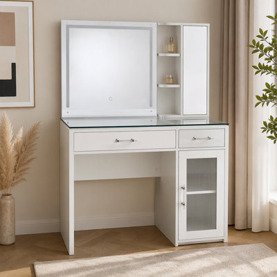 High Gloss 2-drawer Makeup Vanity Table with Mirror and Stool