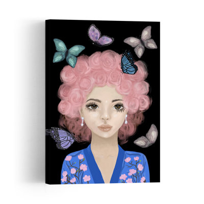 Pink Hair Butterfly Portrait Contemporary Butterfly Magnolia Wall Art Print by Monica Lindblom - Print
