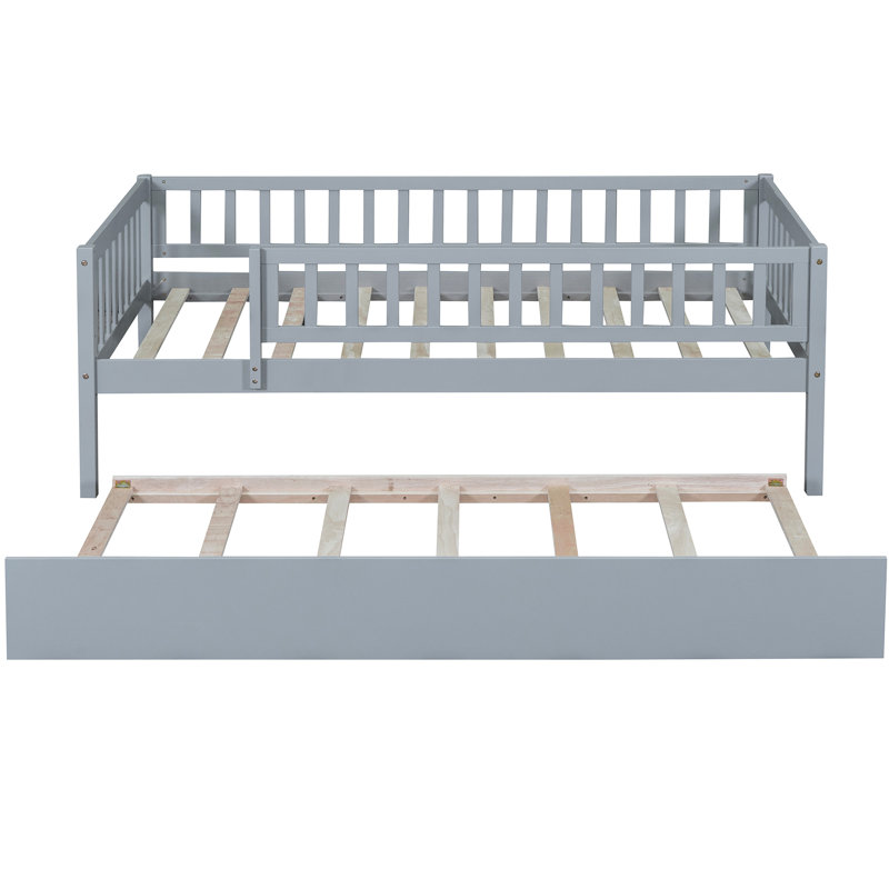 Twin Daybed With Trundle And Gray Fence Guardrails - Functional Attractive Bed Comfortable Bedroom Setup, Gray, Twin