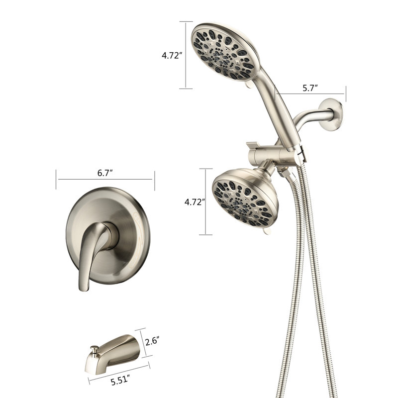 Brushed Nickel Tub Spout Shower System - High 2 In 1 Valve Faucet. 7 Spray Modes For A Relaxing Shower. Wall Mounted With To Enjoy Finish