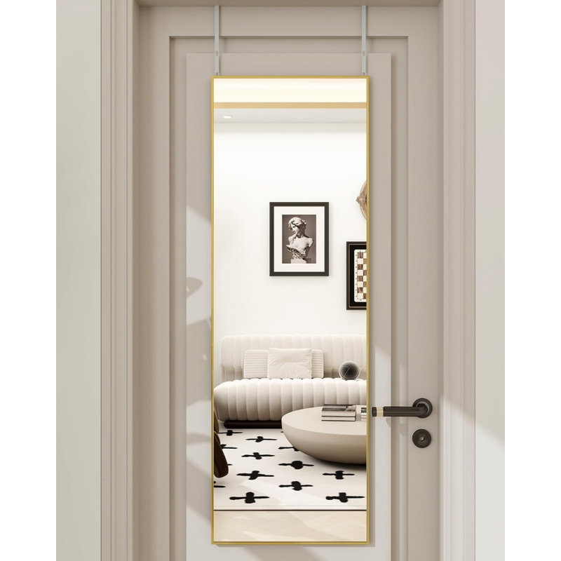 16" X 50" Adjustable Height Over The Door Full Length Mirror, Hanging Mirror With Shatterproof Tempered Glass And Aluminum Alloy Frame For Bedroom, Bathroom, Dorm, Or Living Room, Gold