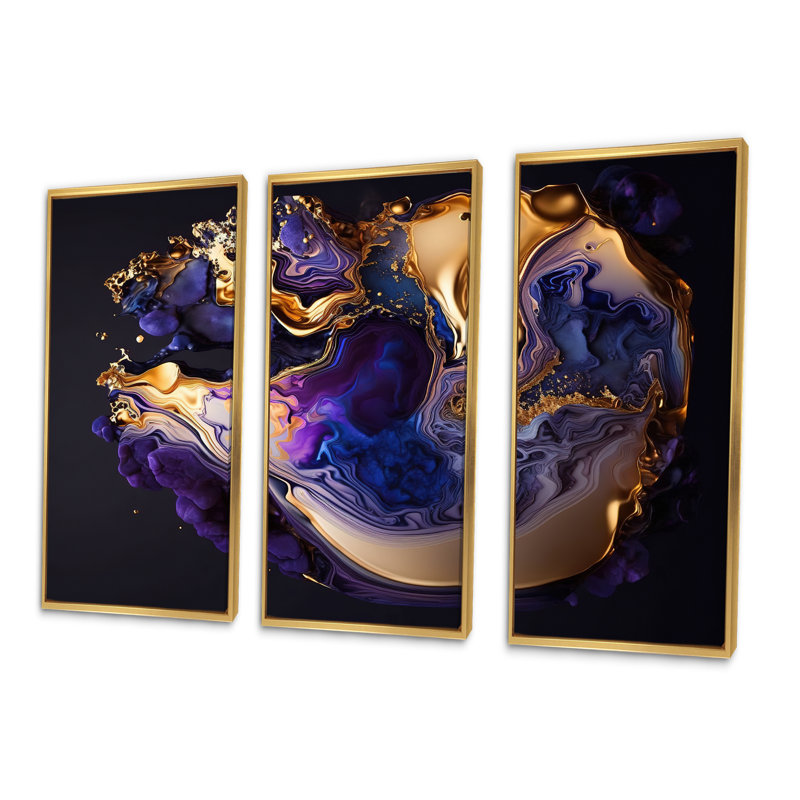 Abstrait marbre géode mauve II - 3 pièces sur toile, Cadre flottant doré, H 32 po x l 48 po x P 1 po