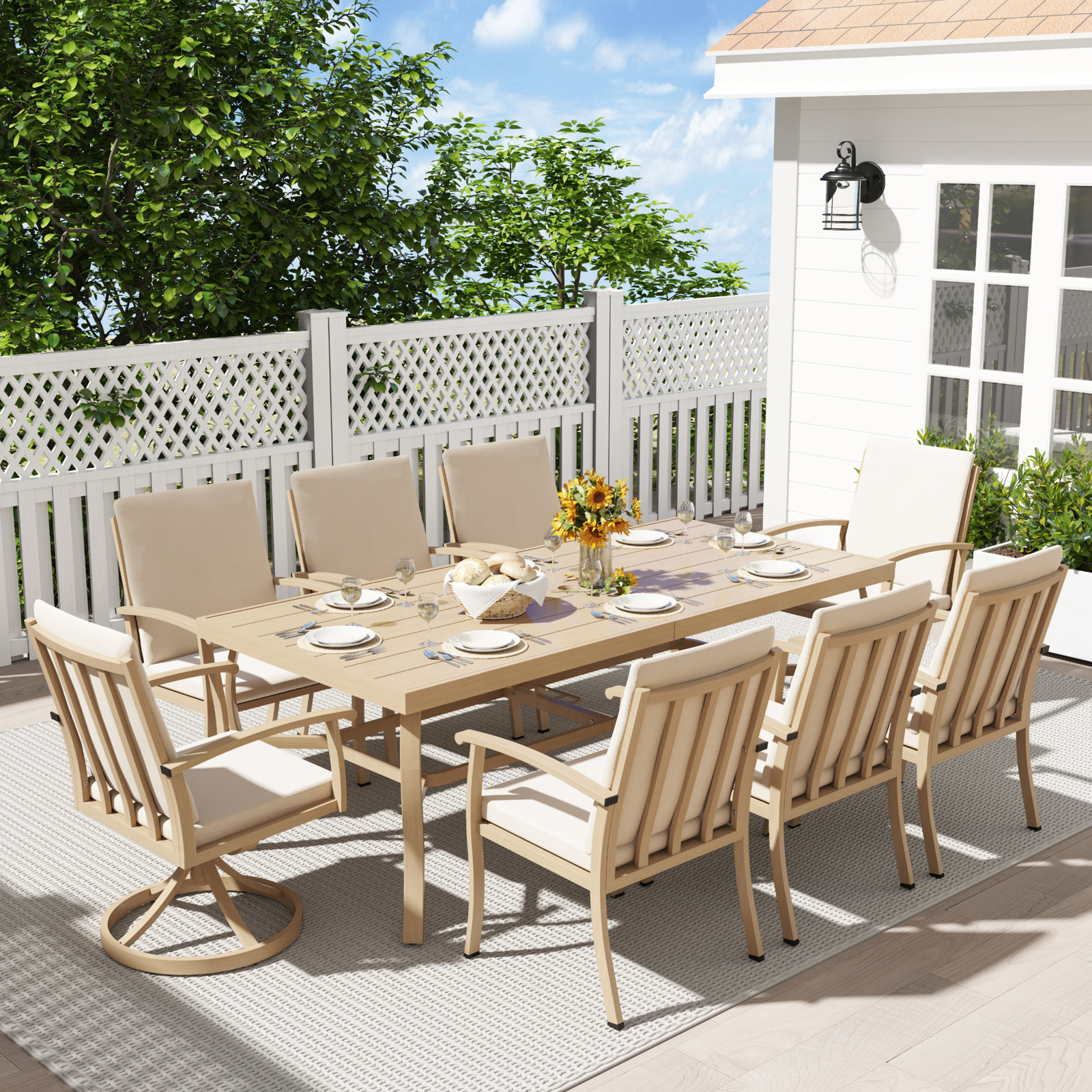 84" Patio Dining Set, Beige, 8