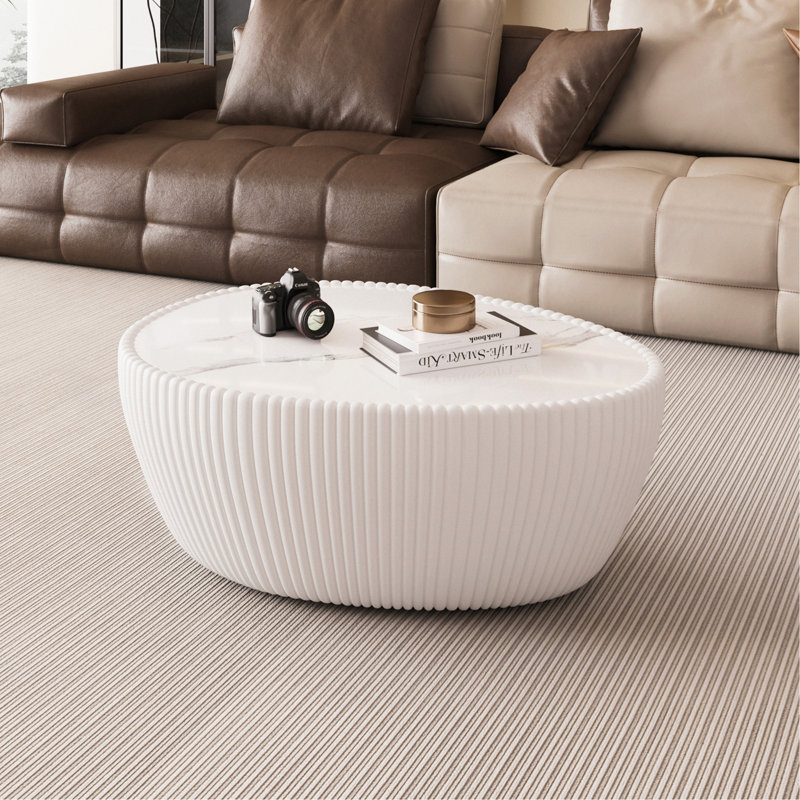 Table basse moderne en forme d'œuf en pierre frittée légère blanche, Blanc, Blanc