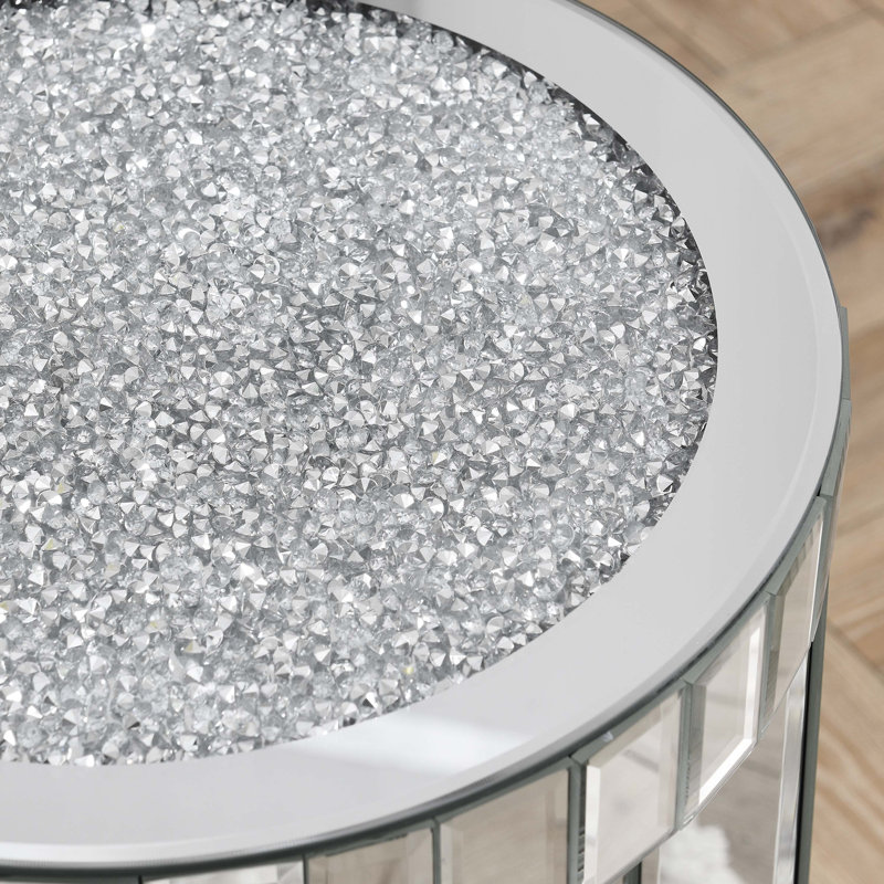 Mirror round table, 2-layer modern small sofa table with storage space, silver decorative table
