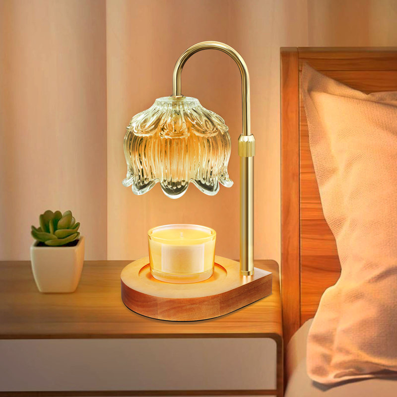 Lampe chauffe-bougie à intensité variable avec abat-jour en verre rose AR en forme de fleur et minuterie, pink
