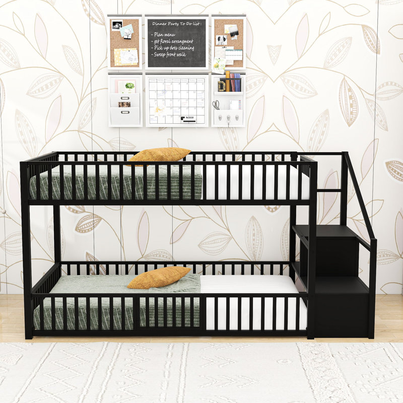 Metal Twin Over Twin Bunk Bed with Stairs Storage & Safety Railings, Black