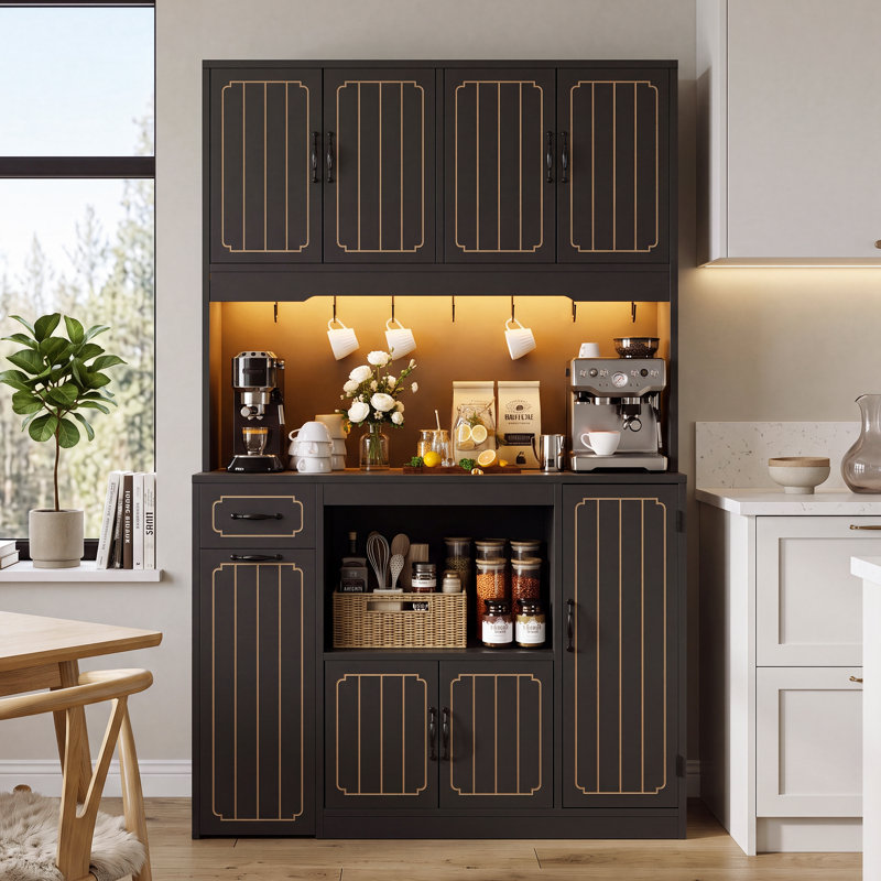 Armoire de cuisine avec crochets, tablettes réglables et tiroirs, Black