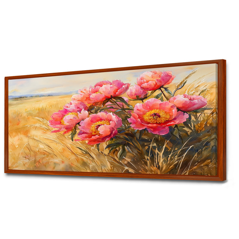 Pivoines de campagne Ioma dans le champ ambré I - pivoines, art mural, Brun, H 28 po x l 60 po, Impression encadrée flottante