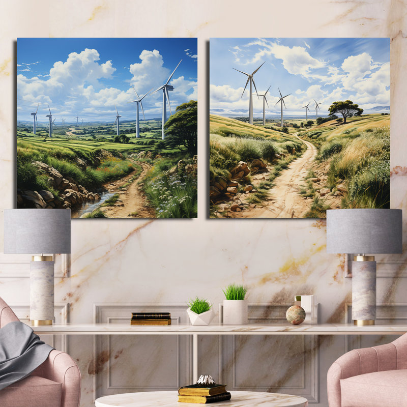 "Dessin d'une éolienne" - 2 pièces, H 16 po x l 33 po, Toile tendue