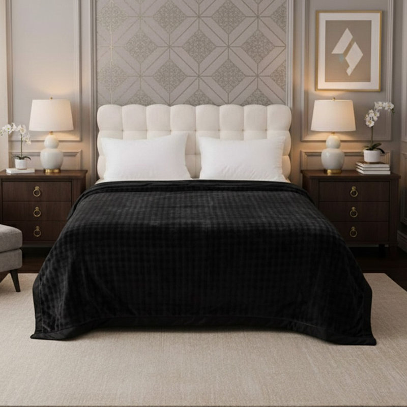 Popo Blanket Soft Embossed Fleece Throw – 2PLY Lightweight Warm Bed Blanket, Double & King Sizes, 240cm x 200cm, Black