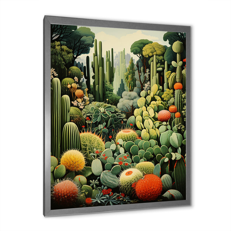 Cactus olive oasis sur toile, H 20 po x l 12 po x P 1 po, Cadre simple argenté