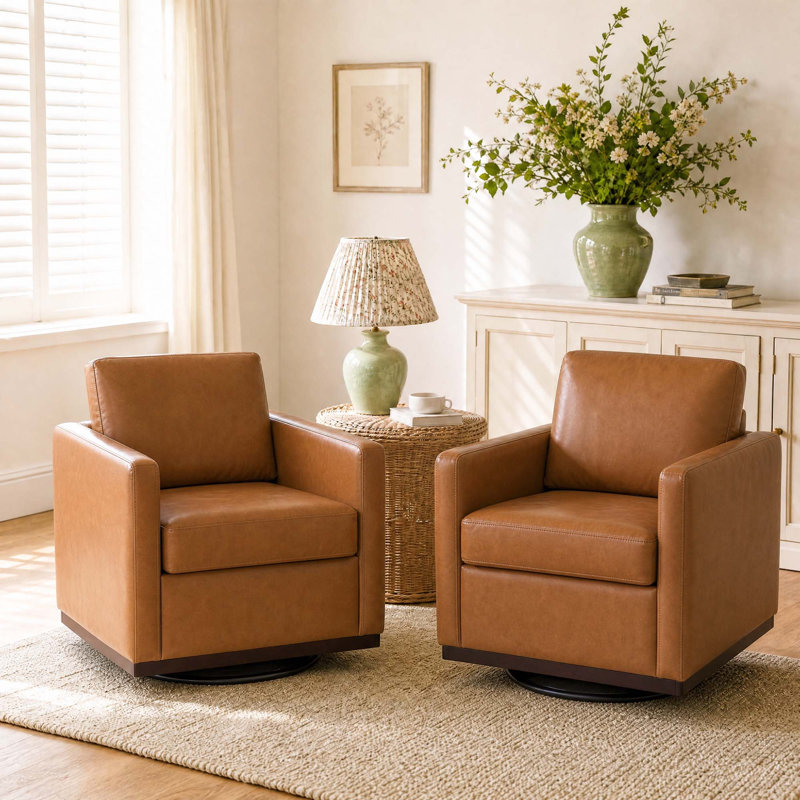 Modern Upholstered Light Brown Square Swivel Armchair with Matel Base (Set of 2), Light Brown Faux Leather
