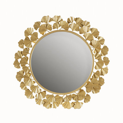 Gold Gingko Leaf Round Wall Mirror 30.5 Inch, Perfect for Adding Elegance and Light to Any Room with Its Unique Design and Reflective Surface.