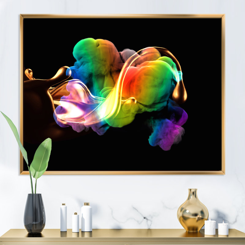 Rainbow Splash on Black - photographie sur toile, Cadre flottant doré, H 30 po x l 40 po