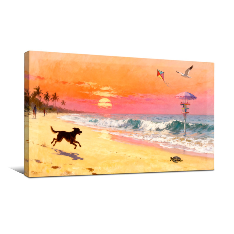 Nautique et plage, coucher de soleil, chien de plage, courant, vagues, palmiers, cerf-volant, mouette, H 28 po x l 58 po