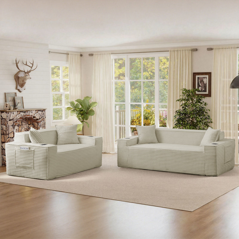 Ensemble de salon moderne 2 pièces avec causeuse et canapé, 2 Pieces: 1 Loveseat, 1 Sofa, Chameau