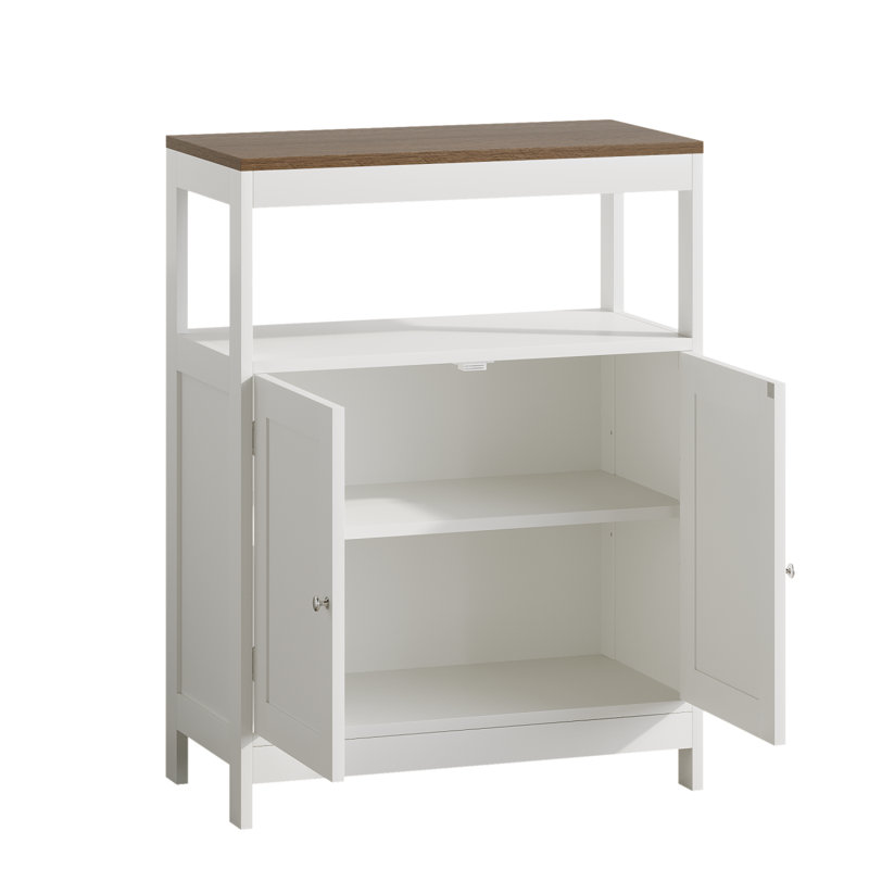 Modern Storage Cabinet With Double Doors, Freestanding Wood Cabinet With Open Shelf And Natural Wood Top, Multi-Purpose Organizer For Kitchen, Living Room, Bathroom Or Entryway – White