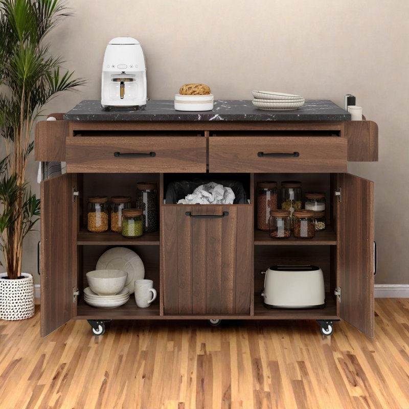 Kitchen Island with Trash Can Storage Cabinet, Drop Leaf, Spice Rack & Drawer, Brown