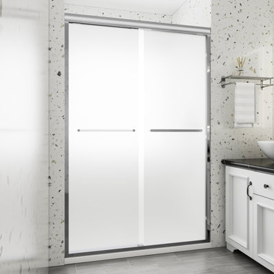 Porte de douche coulissante double semi-encadrée de 112 à 122 cm (L) x 183 cm (H), en verre trempé nano dépoli de 6 mm (1/4 po), cadre en aluminium, finition chromée.