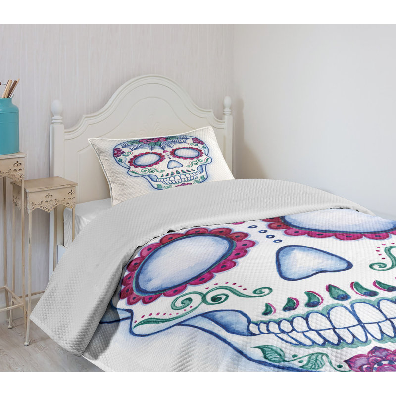 White Quilted Twin Bedspread Set with Colorful Skull Design