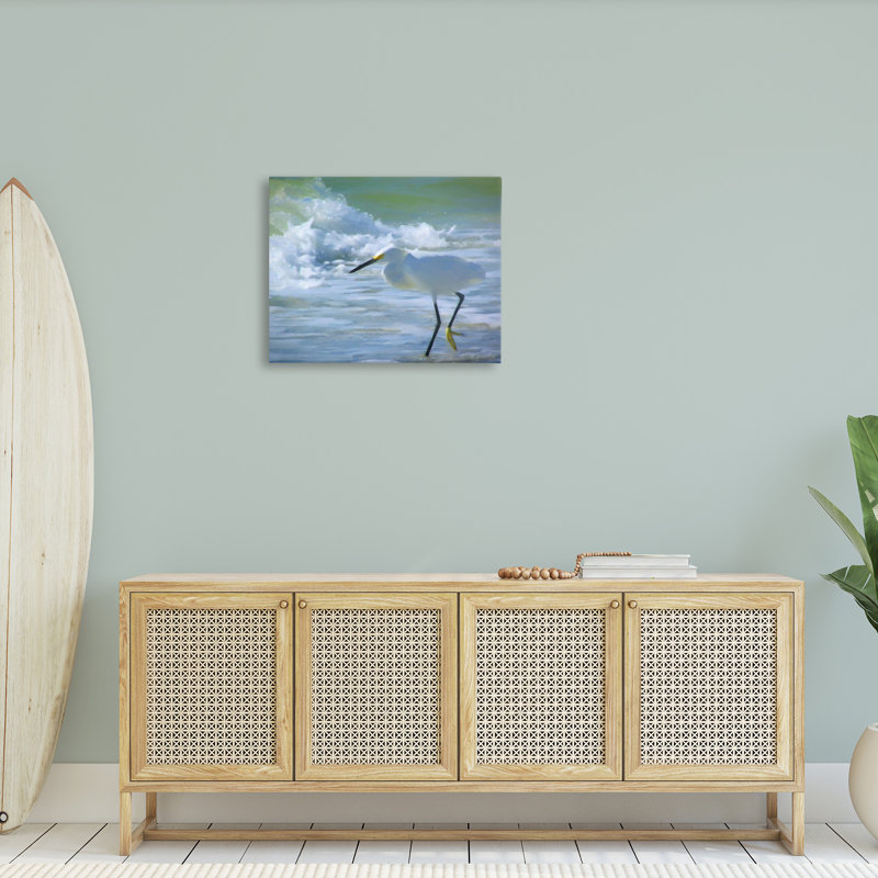 «Egret in Splashing Waves», art mural sur toile par GraffiTee Studios, H 24 po x l 30 po