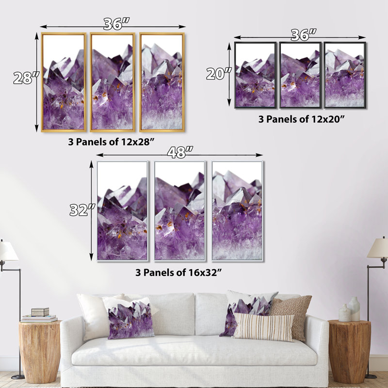 Gros plan sur des cristaux de pierres précieuses semi-précieuses - ensemble d'art mural sur toile encadré de pierre, 3 pièces