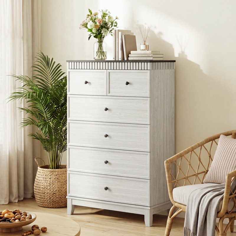 Commode haute 6 tiroirs pour chambre à coucher avec détails à clé de piano et rangement bien dimensionné, Blanc et noir
