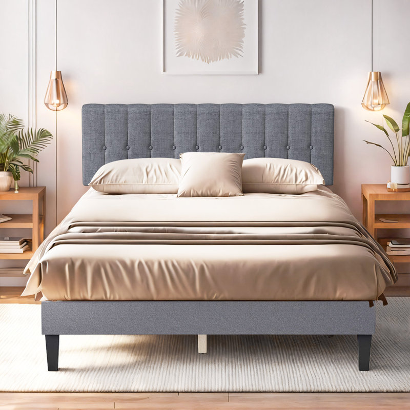 Lit plateforme tapissier avec tête de lit ajustable, sans sommier, sans bruit, Double, Gris clair