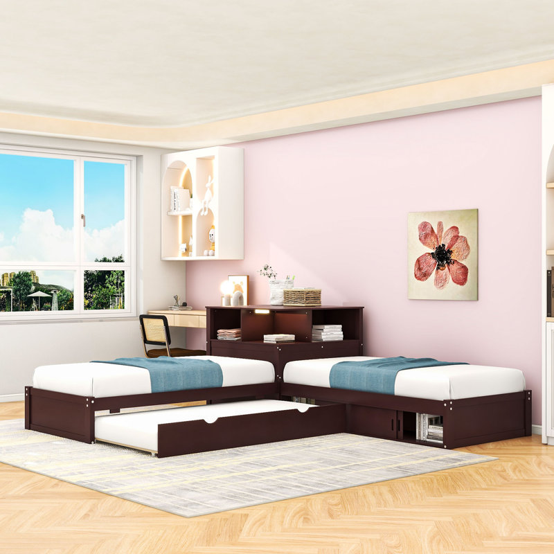 Lit plateforme simple en L en forme de L avec lit gigogne, éclairage DEL et rangement intégré, Espresso