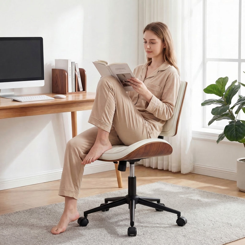Modern Walnut Bentwood Armless Task Chair with Diamond Tufted Backrest, White